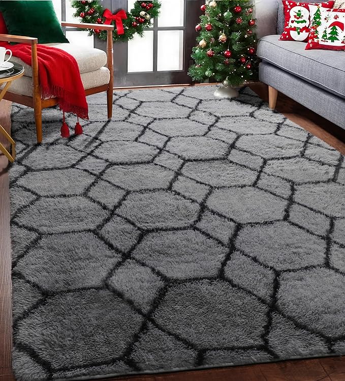 ONASAR Bedroom Living Room Area Rugs 5x8, Grey and Black Geometric Rug Floor Mat for Home Decor Aesthetic, Soft Shaggy Plush Fluffy Moroccan Carpet for Teen Nursery Playroom Dorm Classroom