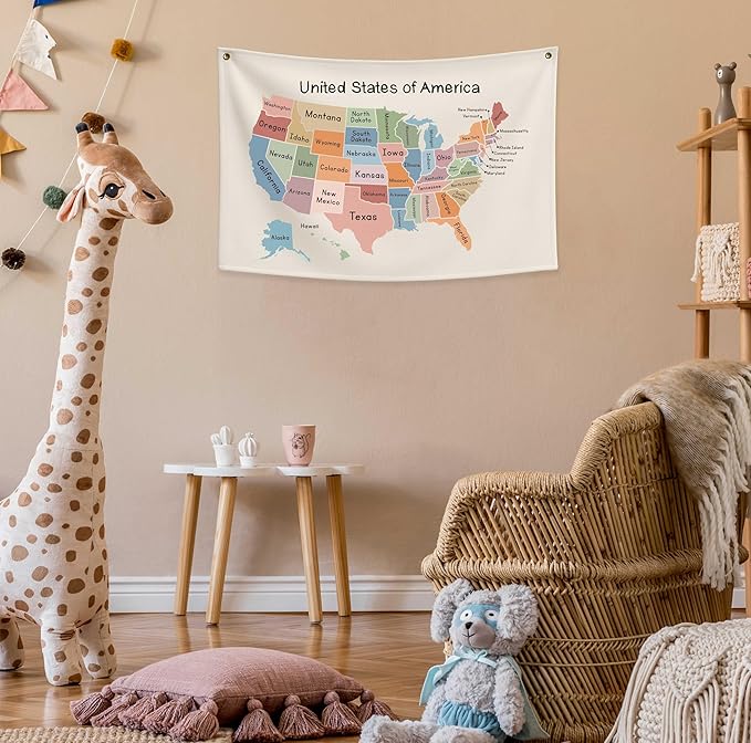 Map Theme Education Rectangular Banner-Flag Wall Sign Decor for Baby Toddler Boy Girl Kids Teen,Classroom Homeschool Nursery Reading Room Teacher Office Decor-Baby Shower Birthday Christmas Gift