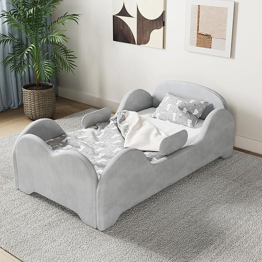 Toddler Bed, Toddler Flood Bed with Extra Safety Broad, Standard Crib Size for Kids, Certified Fabric Toddler Beds, Low to Floor Design (Grey)