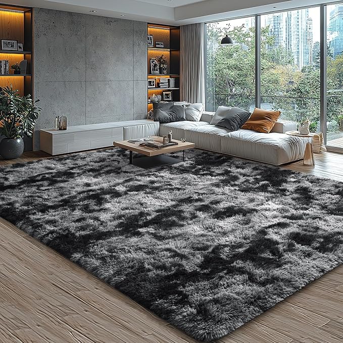 EVOIONOS 8x10 Washable Large Area Rug Living Room, Fluffy Shag Rug Bedroom, Ultra Soft Plush Non Slip Carpet Indoor Floor Bedside Nursery Kids Girls Room Dorm, Home Decor Aesthetic Tie-Dyed Dark Grey