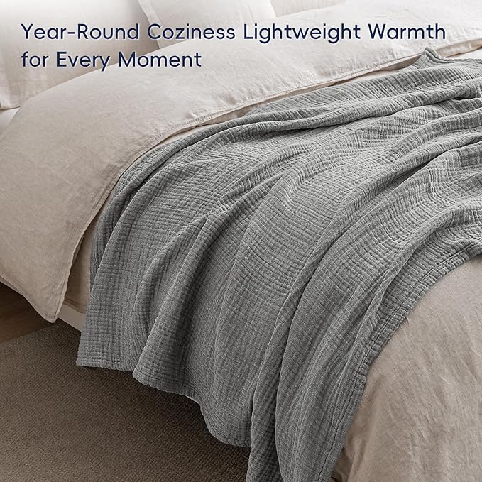 PHF 100% Cotton Muslin Throw Blanket 50" x 60", 4-Layer Lightweight Gauze Throw, Breathable Cloud-Soft Minimalist Blanket for Bed, Couch, Camping & Baby, Grey, Ideal Gift