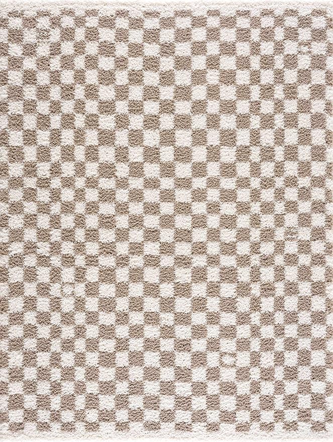 BoutiqueRugs Kieu Modern Checkered Shag Rug - High Pile Fluffy Shag Carpet for Hallway, Nursery, Playroom, Girls Boys Room - Light Gray, Taupe, Cloud Gray - 7'10" x 10' (8x10)