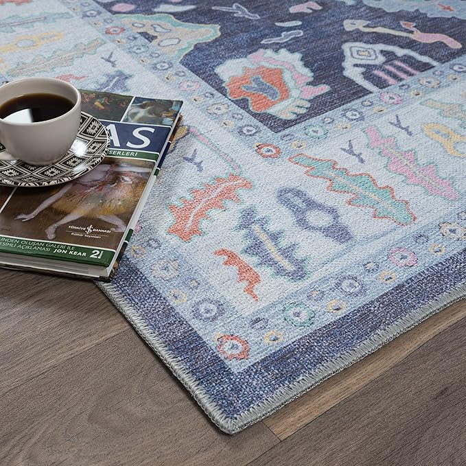 Fame Rugs Navy Blue Modern Oushak Rug 3x5, Washable Vintage Turkish Colorful Oriental Antique Inspired Foldable Small Area Rugs, Luxury Living Room Bedroom (388NB, 2'6" x 5')