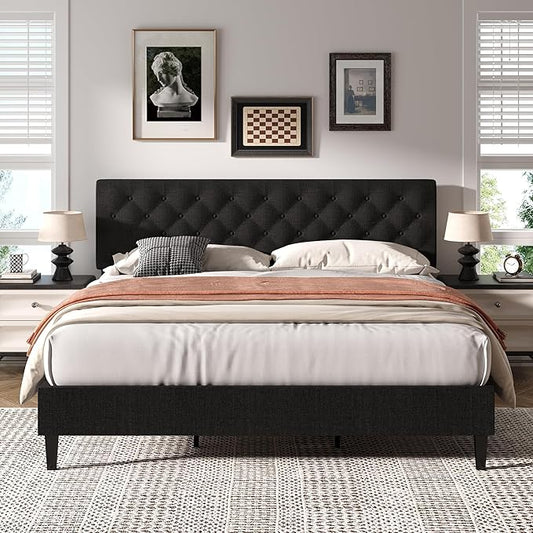 BarnFurin King Size Platform Bed Frame, Fabric Upholstered Bed with Button Tufted Headboard, Adjustable Headboard Design, Easy Assembly, No Box Spring Required, Dark Grey