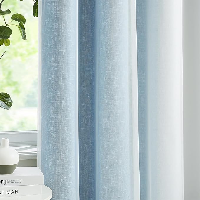 100% Blackout Curtains with Sheer Overlay Mix and Match Double Layer Drapes 84 Inch Long 2 Panels for Bedroom Living Room Blue White Ombre Grommet Window Treatment with Tiebacks
