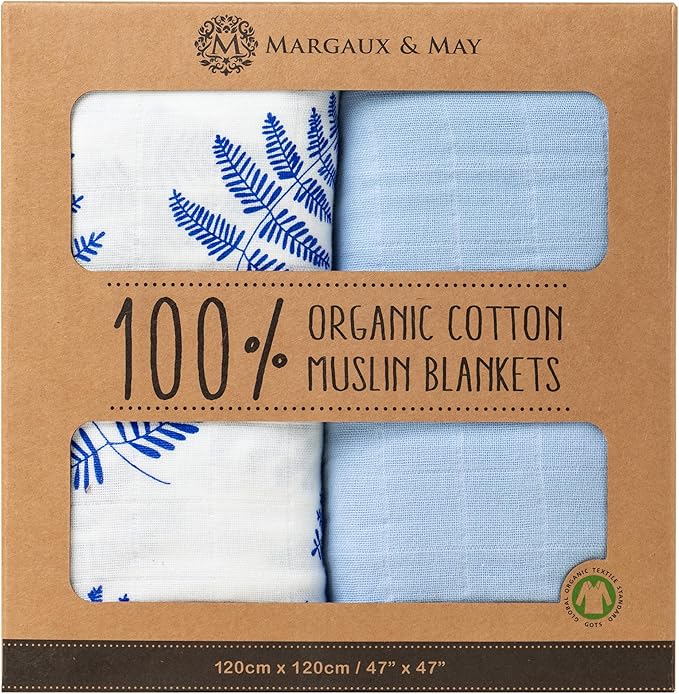 Margaux & May Organic Muslin Swaddle Blankets 2 Pack - 100% Organic, Large 47x47 Inches, Breathable Baby Blankets, Blue Fern and Solid Blue