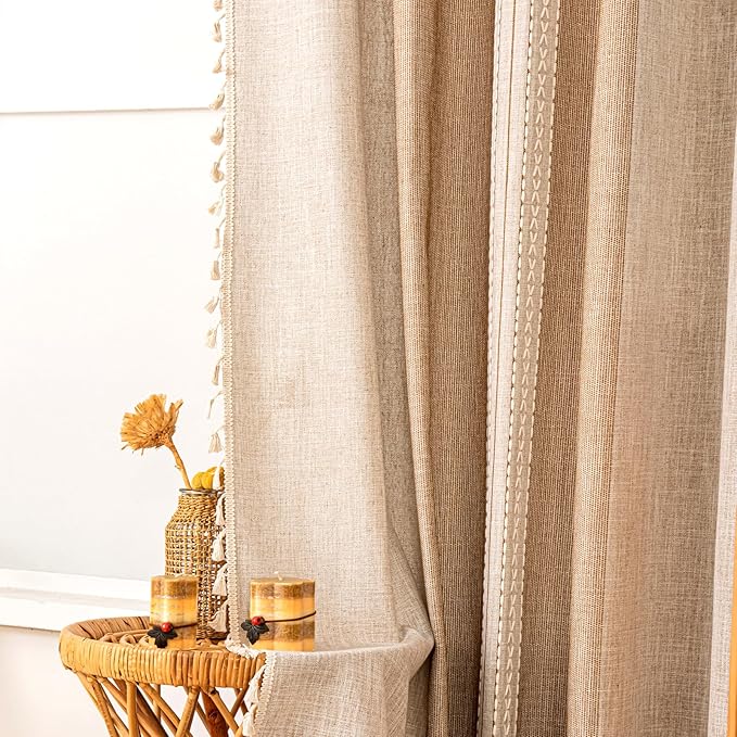 Deeprove Boho Curtains 63 Inches Length for Bedroom Kitchen Closet, Stripes Embroidery Weighted, Bohemian Farmhouse Window Treatment Drape Tassels, 1 Panel W52 x L63, Khaki and Coffee