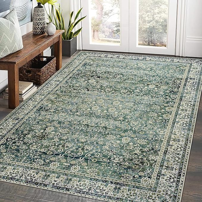 Dark Green Boho Front Door Mat for Indoor Entrance Washable Non Slip Cute Vintage Floral Aesthetic Area Rugs for Entryway Entry 4x6