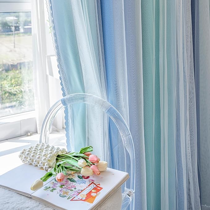 XiDi Blue Green Grey Blackout Curtains 63 Inches Long for Living Room Bedroom 2 Panels Double Layer Curtains Rainbow Kids Grommet Window Drapes for Nursery Princess Unicorn Wall Decals 52 Inches Wide
