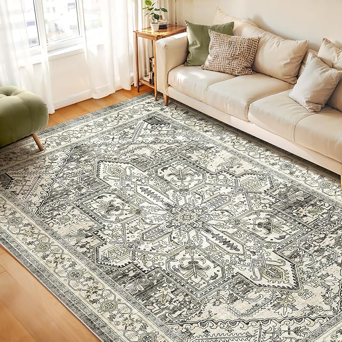WITSHOCK Living Room Area Rugs 9x12: Washable Rug Boho Soft Non-Slip Low Pile Stain Resistant Foldable Carpet for Bedroom Playroom Dining Room Office Kitchen Farmhouse Home Decor Rug-Brown/Lvory