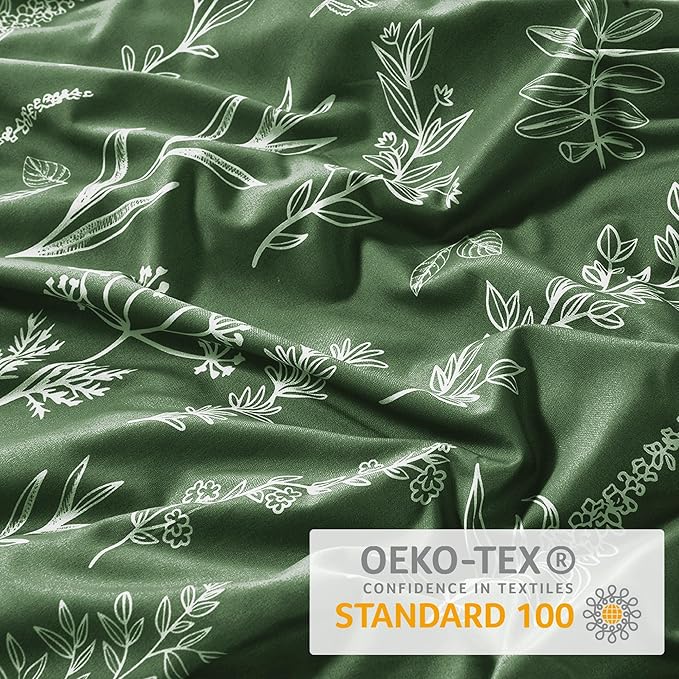 MUXHOMO Duvet Cover Queen Size, Reversible Floral Dark Green Duvet Cover Set with Zipper Closure, 3 Pieces Botanical Patterns Soft Microfiber Bedding Set with 4 Ties (90"x90", 2 Pillow Cases)