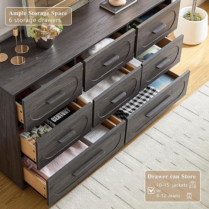 Grey 8 Drawers Dresser for Bedroom, 54" Wide Dressers & Chests of Drawers w/Solid Wood Handle, Mid Century Dresser TV Stand w/Natural Texture for Bedroom, Living Room