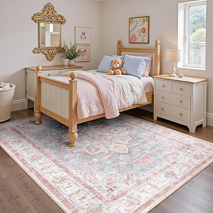Machine Washable Rugs Nursery Rug 4x6 Cute Girl Non Slip Low Pile Water Repellent Soft Print Pattern for Bedroom Indoor Decor Kids Playroom Pinkblue