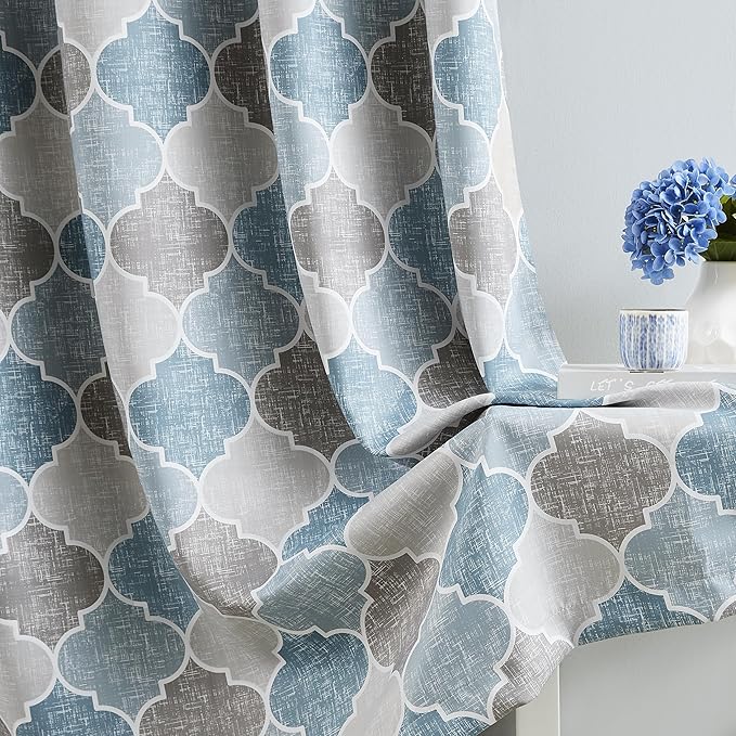 Moroccan 100% Blackout Curtains 63 Inches Long for Bedroom Gray Blue Geo Lattice Window Curtain Panels Thermal Insulated Noise Reducing Grommet Top Window Treatments Sets, 52" W, 2panels