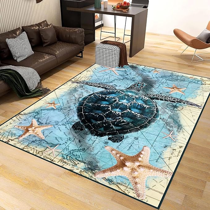 Nautical World Map Area Rug, 3x4ft, Coastal Sea Turtle Starfish Children's Rugs, Blue Ocean Themed Washable Dirty Resistant Mat, Soft Cozy Thin Easy Clean Mat for Floor Living Room