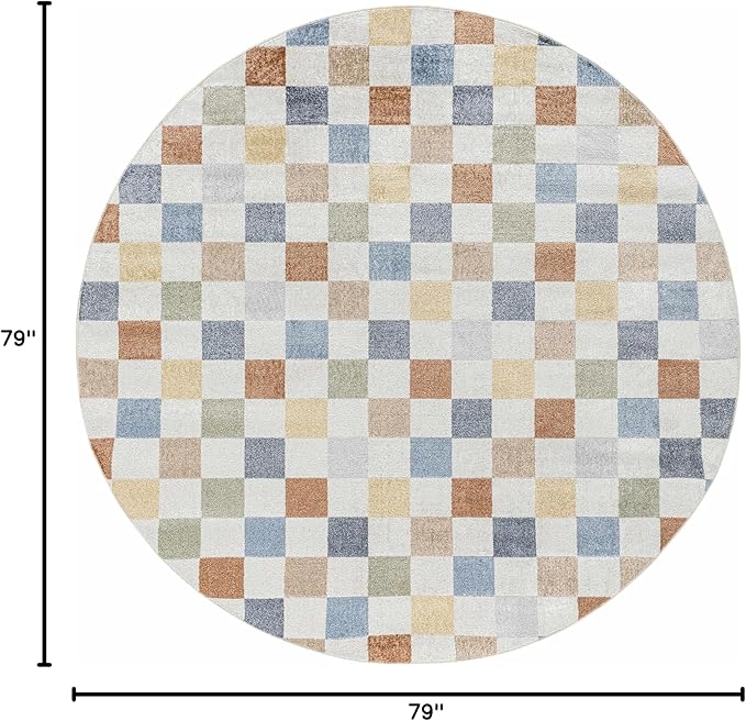 BoutiqueRugs Alia Colorful Modern Checkered Area Rug - Contemporary Geometric Carpet for Hallway, Nursery, Playroom, Girls Boys Room - Machine Washable - White, Blue, Peach, Rust - 6'7" Round