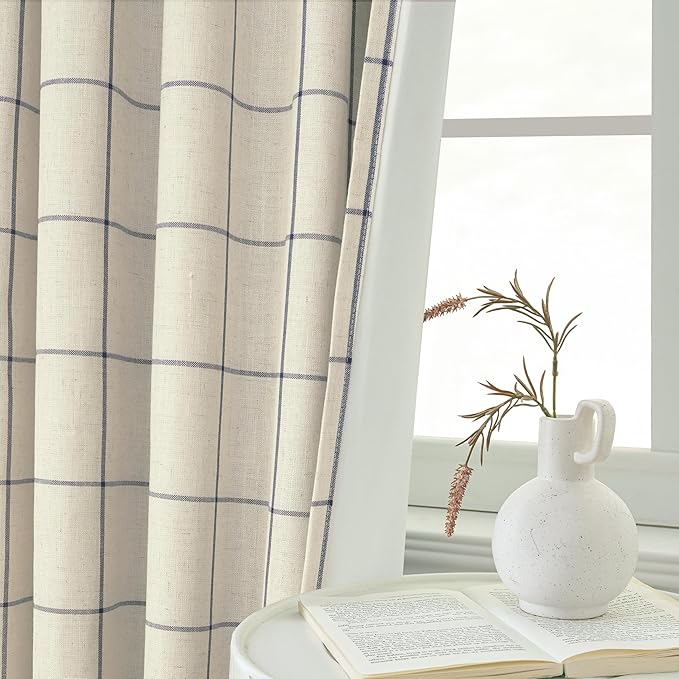 DriftAway 2 Panels 100% Blackout Windowpane Plaid Linen Curtains Double Layer Drapes for Bedroom 63 Inches Long Farmhouse Thermal Insulated 3.25 Inch Rod Pocket Back Tab for Living Room Navy Blue