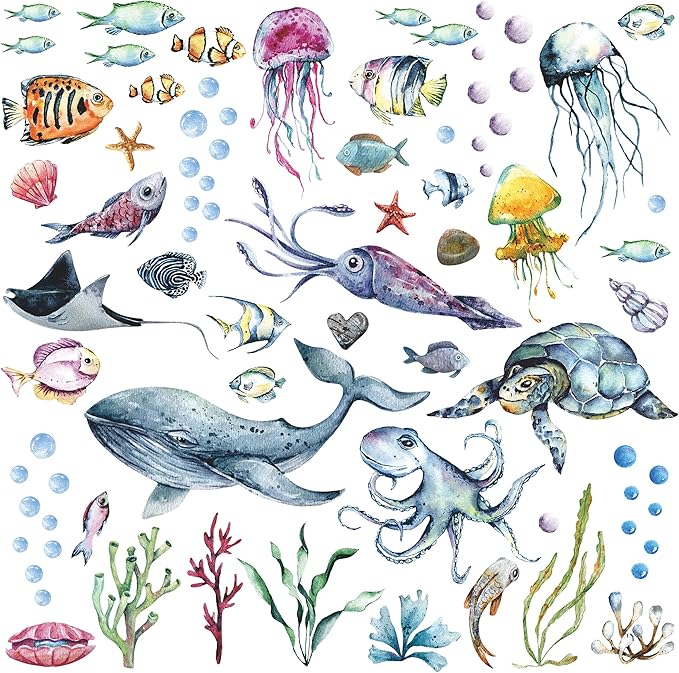 LiveGallery Ocean Life Wall Decals Under The Sea Wall Stickers Whale Jellyfish Clownfish Sea Turtle Cuttlefish Shell Seaweed Conch Coral Wall Decorations for Kids Bedroom Living Room Nursery