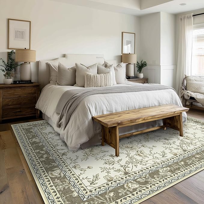 Neutral Beige Floral Area Rugs 6x9 Living Room, Taupe with Beige Tan Flower Design Low-Pile Washable Rugs for Bedroom Dining Room, Vintage Modern Farmhouse Boho Indoor Floor Carpet Kids Playroom