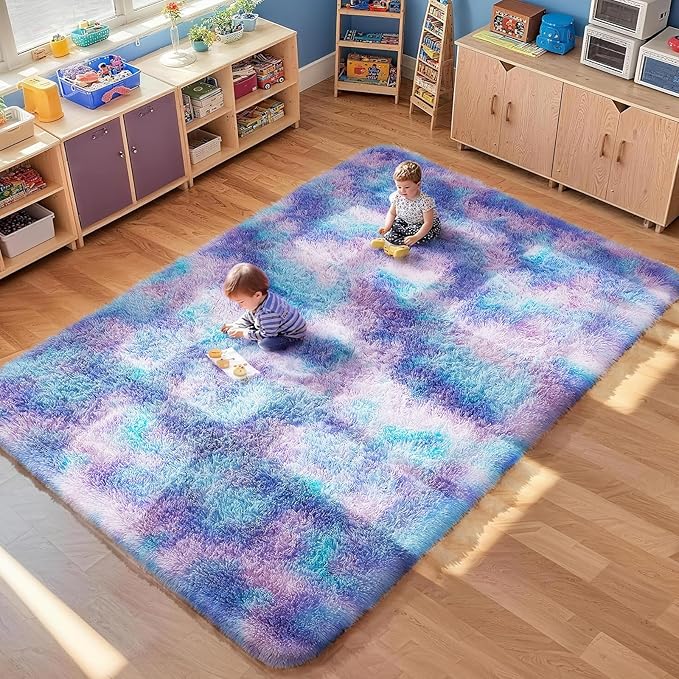 Ophanie Rainbow Purple Mermaid Rugs for Living Room 5x8, Kids Fluffy Shag Fuzzy Plush Soft Carpets, Floor Shaggy Area Rugs for Bedroom, Carpet for Kids Girls Dorm Nursery Home Decor Aesthetic