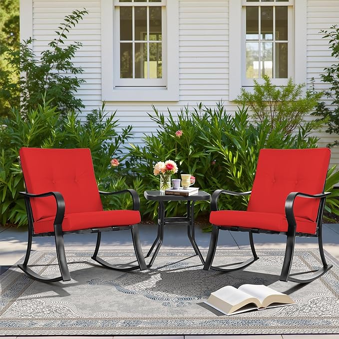 SUNCROWN Outdoor 3-Piece Rocking Chairs Patio Bistro Set Black Steel Furniture with Thickened Cushion and Glass-Top Coffee Table, Red