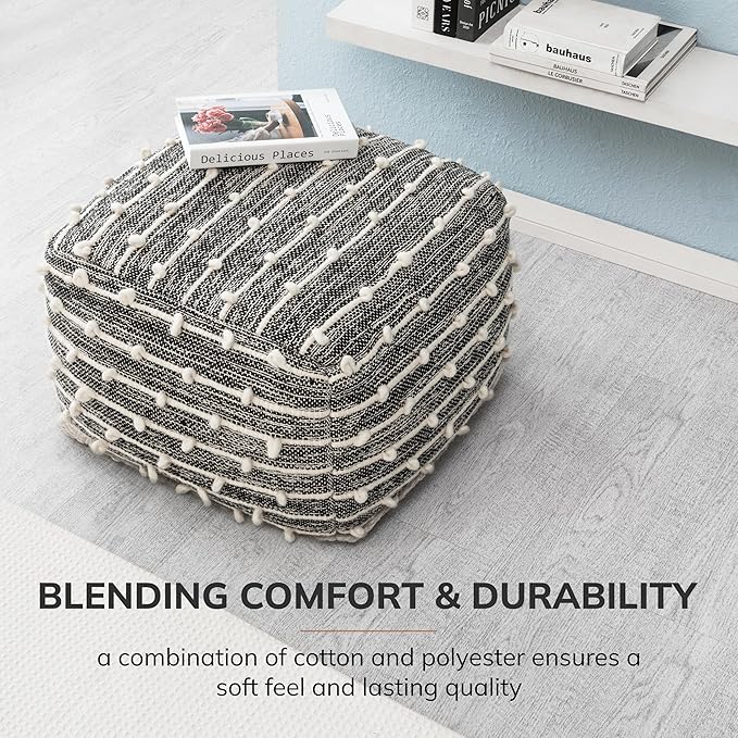 Anji Mountain 100% Handmade & Handcrafted Comfortable Home Décor Pouf Ottoman Footrest for Living Room, Bedroom, Nursery, Kidsroom, Patio Furniture - (22" x 22" x 16"- Black,Ivory)