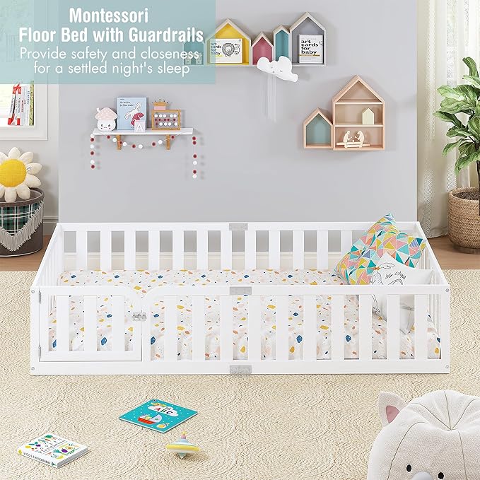 Spirich Twin Size Kids Floor Bed Frame with Fence and Door, Solid Wood Montessori Floor Bed for Kids with Safety Guardrails, Twin Bed Frame for Boys and Girls, White
