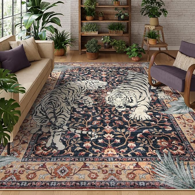 Moynesa Tiger Washable Area Rugs 8x10, Large Boho Rugs for Living Room, Vintage Non Slip Dining Room Rugs for Under Table, Ultra Thin Soft Floor Carpet for Office Bedroom, Puce Red