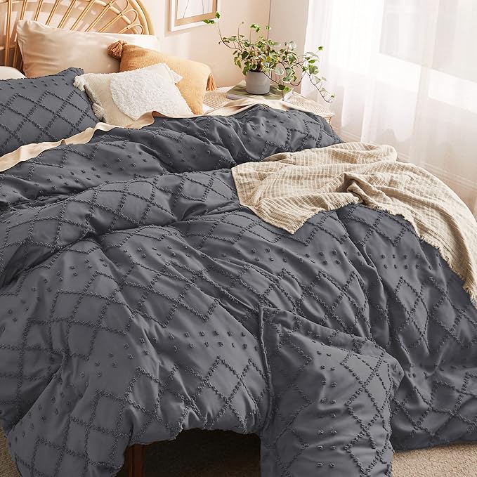 Bedsure Boho Duvet Cover Queen Size - Dark Grey Breathable & Soft Boho Bedding, Machine Washable Comforter Cover for All Seasons, Includes 1 Duvet Cover 90"x90" with 2 Pillow Shams & Zipper Closure