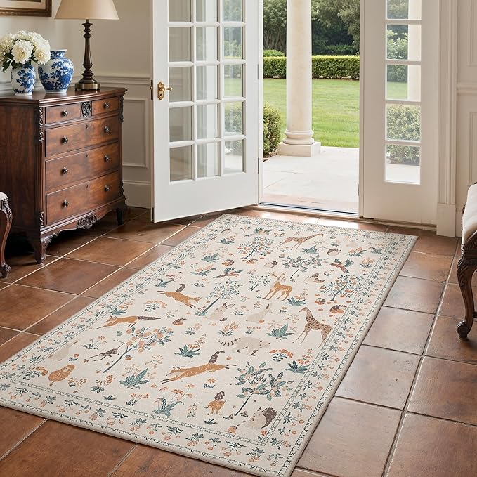 3x5 Rug Washable Area Rug Non Slip,Floral Animal Print Low Pile Small Carpet for Bedroom, Entryway, Living Room,Playroom, Beige