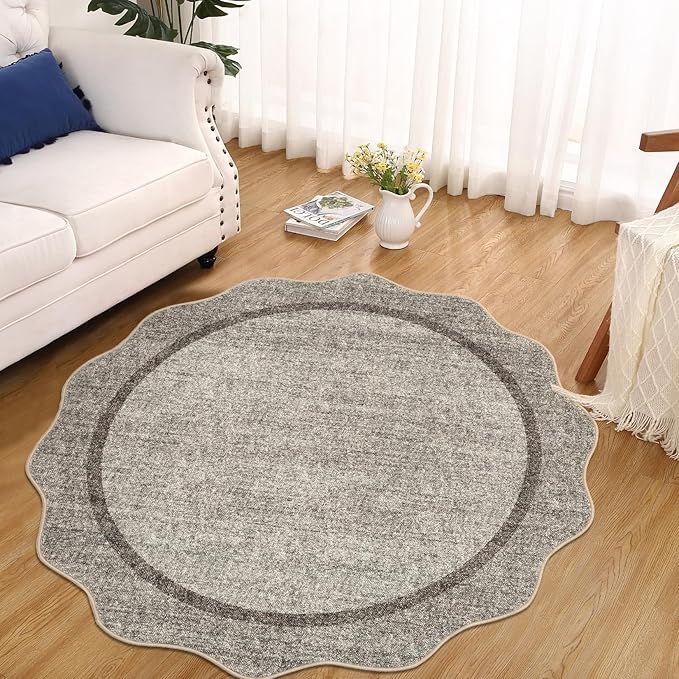 GarveeHome Scalloped Washable Round Rugs, Non-Slip Soft Round Rug 4 ft Ultra-Thin, Small Boho Circle Stain Resistant Low Pile Carpet for Entryway Kitchen Bedroom Nursery Bathroom, Brown