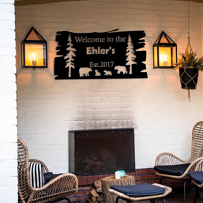 Custom Bear Metal Wall Sign, Personalized Cabin Sign, Bear Family In Woods Cabin Sign, Custom Family Name Bear Decor, Outdoor Metal Sign, Ranch Sign, Man Cave Decor