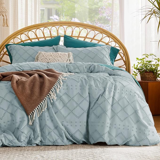 Bedsure Boho Duvet Cover Queen Size,Dusty Blue Breathable & Soft Boho Bedding, Machine Washable Comforter Cover for All Seasons, Includes 1 Duvet Cover 90"x90" with 2 Pillow Shams & Zipper Closure
