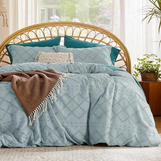 Bedsure Boho Duvet Cover Queen Size,Dusty Blue Breathable & Soft Boho Bedding, Machine Washable Comforter Cover for All Seasons, Includes 1 Duvet Cover 90"x90" with 2 Pillow Shams & Zipper Closure