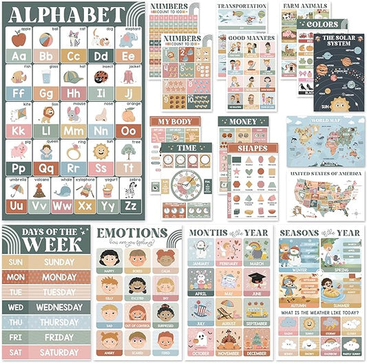 BEAWART 18 Modern Boho Educational Posters - Laminated Learning Poster Charts for Classroom Decor - Alphabet ABC Poster, World Map - Homeschool and Classroom Wall Decoration