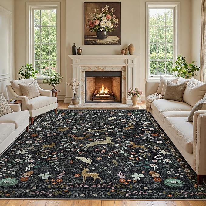 8x10 Area Rugs for Living Room Floral Animal Print Carpet Washable Non-Slip Large Rug Low Pile for Indoor Bedroom Dining Room Nursery Home Office Farmhouse Kids Play Room Black