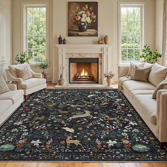 8x10 Area Rugs for Living Room Floral Animal Print Carpet Washable Non-Slip Large Rug Low Pile for Indoor Bedroom Dining Room Nursery Home Office Farmhouse Kids Play Room Black