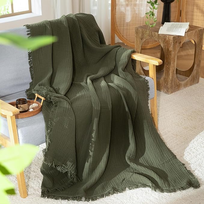 MooMee Muslin Blanket - 100% Cotton 4-Layer Gauze Throw Blanket with All-Around Fringe, Ultra-Soft Breathable Lightweight Cooling Decorative for Bed, Sofa & Couch (Olive Green, Queen 90" x 90")
