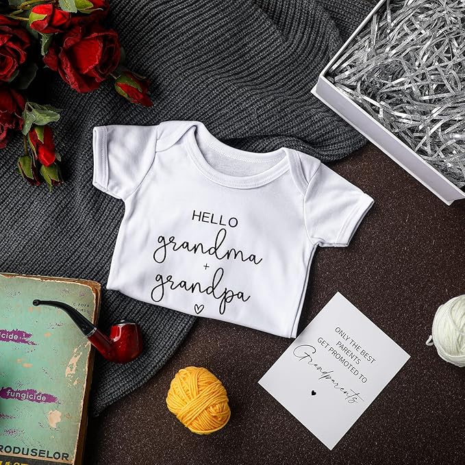 4 Pcs Pregnancy Announcement for Grandparents, Hello Grandpa Grandma Baby Bodysuit, Hello Grandparents Pregnancy Reveal Card Baby Reveal Gift Box Baby Announcement Gifts Set for Grandparents