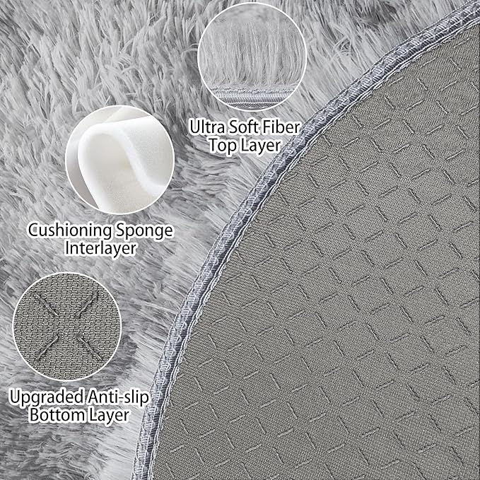 3 ft Small Grey Round Rug for Bedroom,Tie Dyed Soft Shaggy Circle Rug Fluffy Plush Gray Round Carpet for Kids Girls Boys Room Baby Nursery Living Room Playroom Home Decor