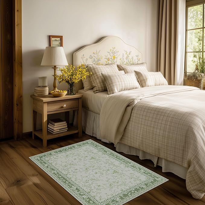 Small Green Rugs 2x3 Sage Green Kitchen for Entryway, Soft Washable Floral Sketch Printed Non-Slip Kitchen Mat, Low-Pile Indoor Bathroom Farmhouse Carpet for Entrance Cottage Boho Farmhouse