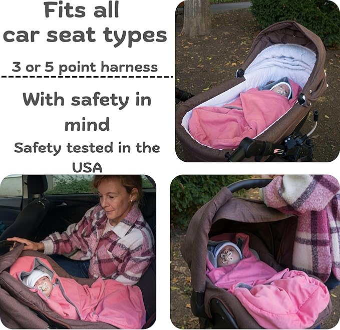 Car Seat Blankets for Babies Winter - Stroller Footmuff Carseat Cover Baby 5 Point Harness - Swaddle Bunting Bag (Pink)