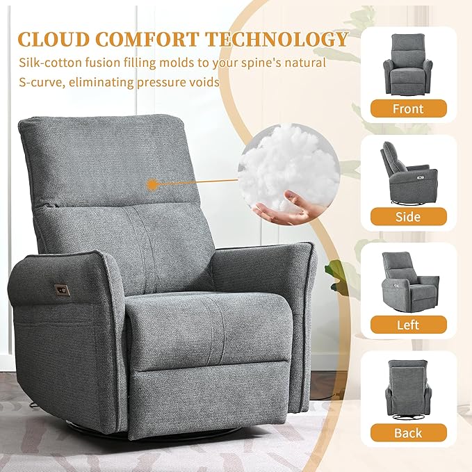 Power Swivel Rocker Recliner Chair for Nursery, Upholstered Snowflake Velvet 270°Swivel Glider Rocker Chair with USB Ports, Small Power Recliners for Small Spaces Living Room