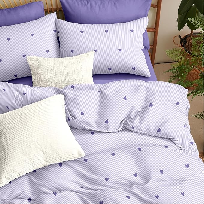 Purple Heart Duvet Cover Twin Size Cute Heart Pattern Bedding Set 3Pcs Love Printed Reversible Soft Microfiber Coquette Comforter Cover with Zipper Closure and 2 Pillowcases