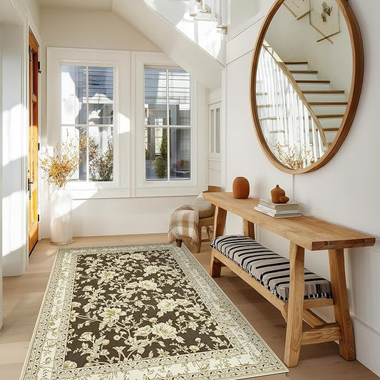 Brown Floral Print Area Rugs for Bedroom Living Room Boho Farmhouse Country Rustic Dining Room Carpet Soft Washable Rugs Non Slip Floor Covering for Nursery Playroom 3x5