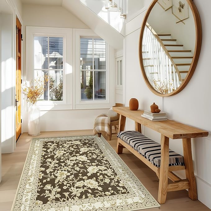 Brown Floral Print Area Rugs for Bedroom Living Room Boho Farmhouse Country Rustic Dining Room Carpet Soft Washable Rugs Non Slip Floor Covering for Nursery Playroom 4x6