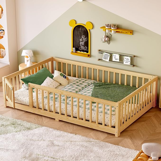 Full Size Floor Bed with Fence and Lockable Door, Wood Montessori Bed Frame with Slat Support for Kids,Boys,Girls,Easy Assembly, Natural