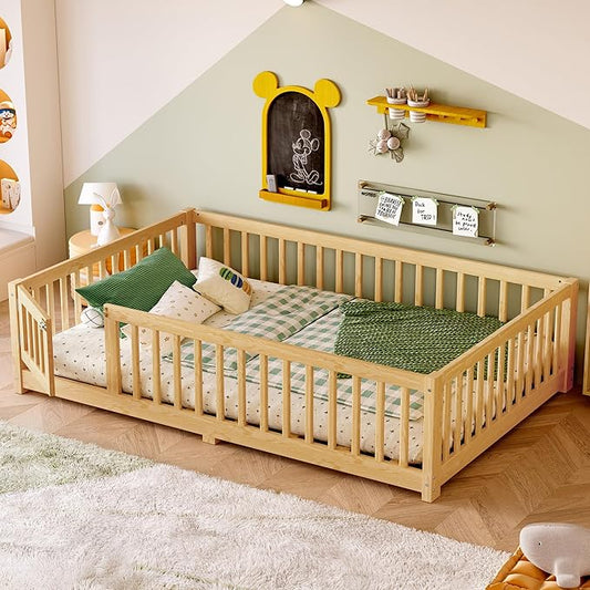 Full Size Floor Bed with Fence and Lockable Door, Wood Montessori Bed Frame with Slat Support for Kids,Boys,Girls,Easy Assembly, Natural