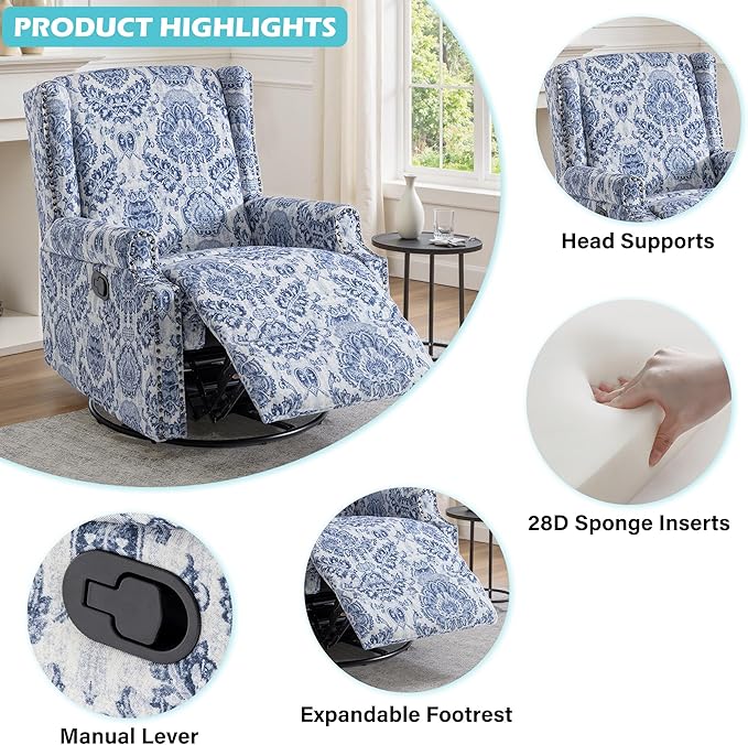 UIXE Floral Swivel Glider Recliner Chairs Set of 2, High Back Nursery Rocker Fabric Accent Chair for Living Room, Rivet Trim Upholstered Armchair Manual Reclining Sofa Seating - Navy Blue