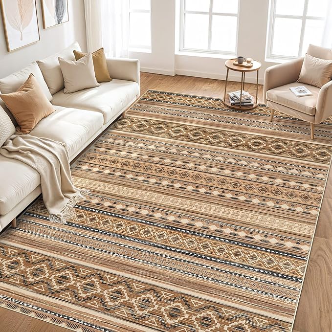 Area Rugs for Living Room Washable Living Room Rug Soft Neutral Indoor Floor Carpet Non-Slip Stain Resistant Modern Boho Rugs for Bedroom Dining Room Kids Room Nursery Office Home Brown/Beige